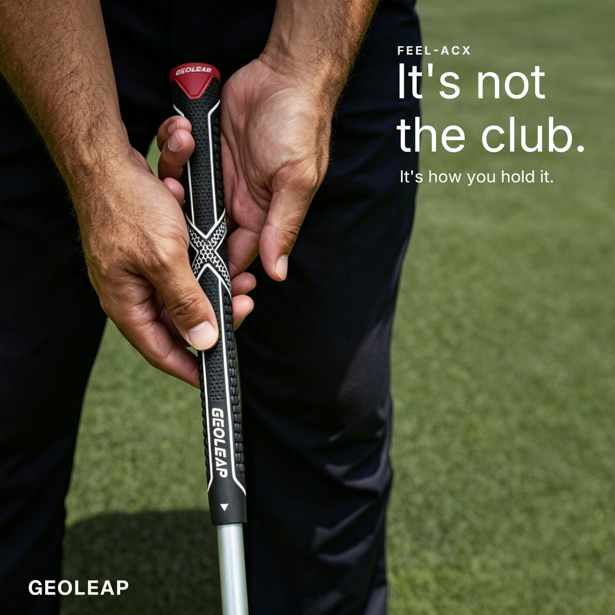 Geoleap FEEL-ACX triple-texture TPE golf grip in hand — soft compound in oversize