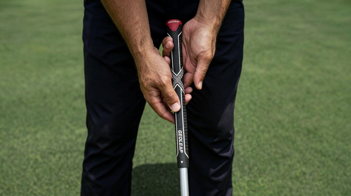 Two hands on a Geoleap grip — keeping golf grips clean for traction