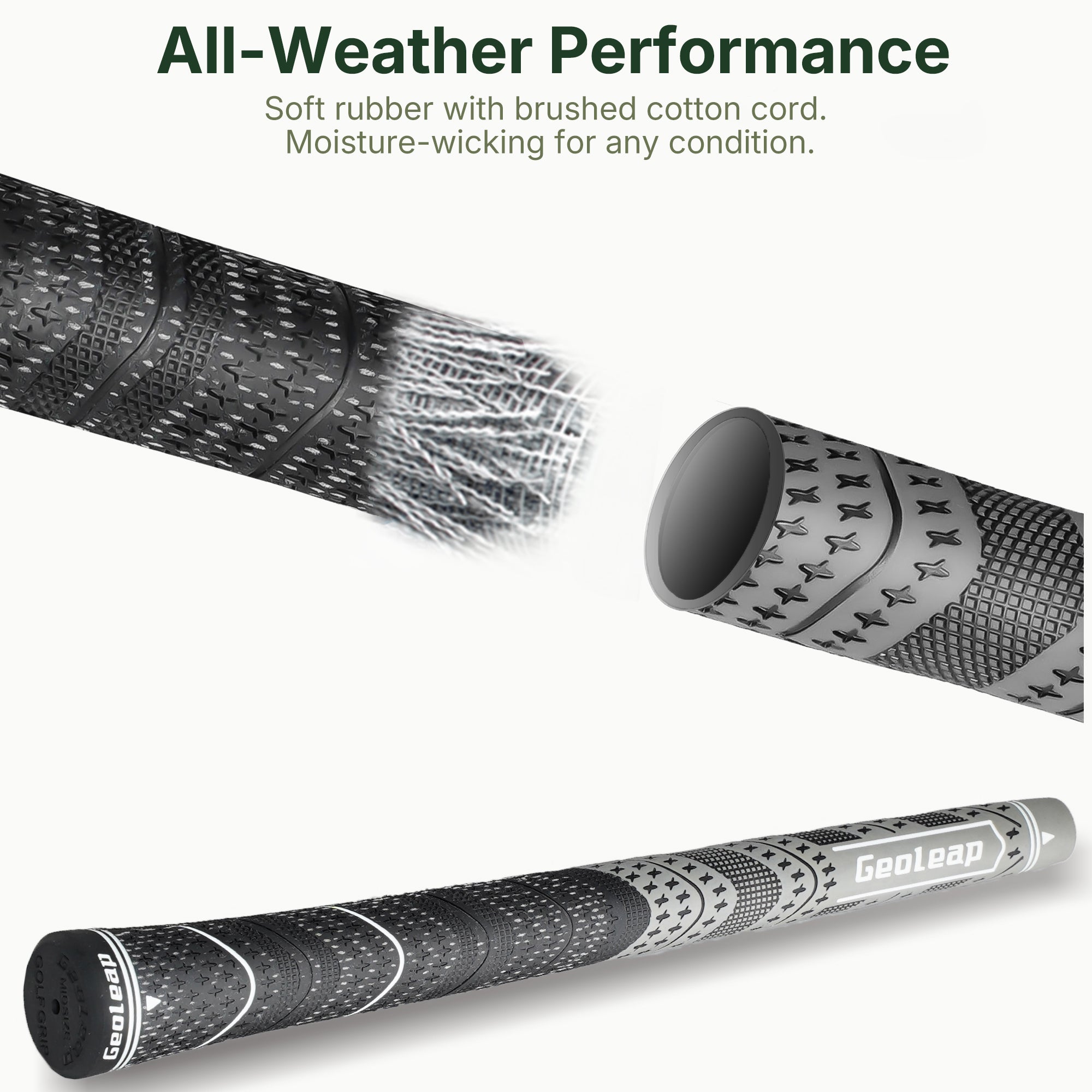 Geoleap STORM hybrid golf grip — cotton-cord upper and soft rubber lower construction